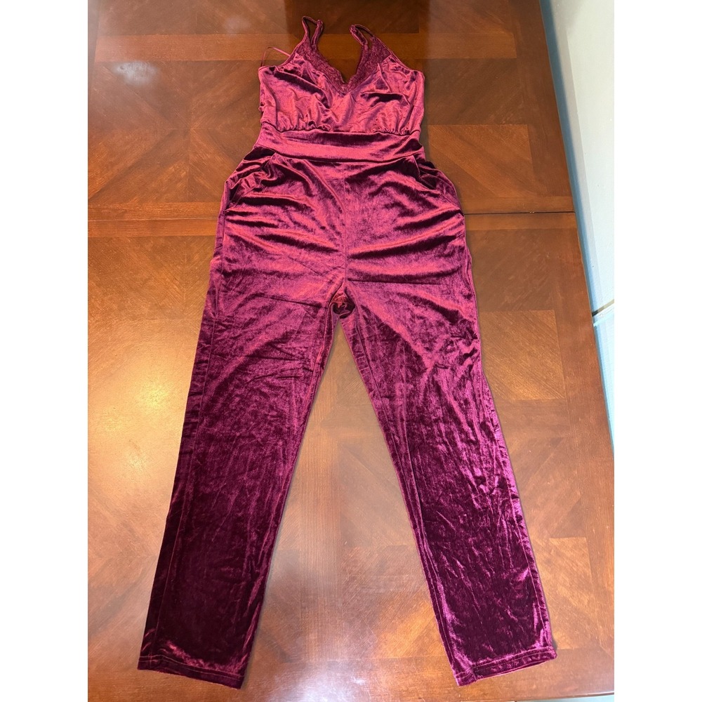 Davi & Dani Burgundy Velvet Jumpsuit Women's S Lace Trim Sleeveless Party Romper